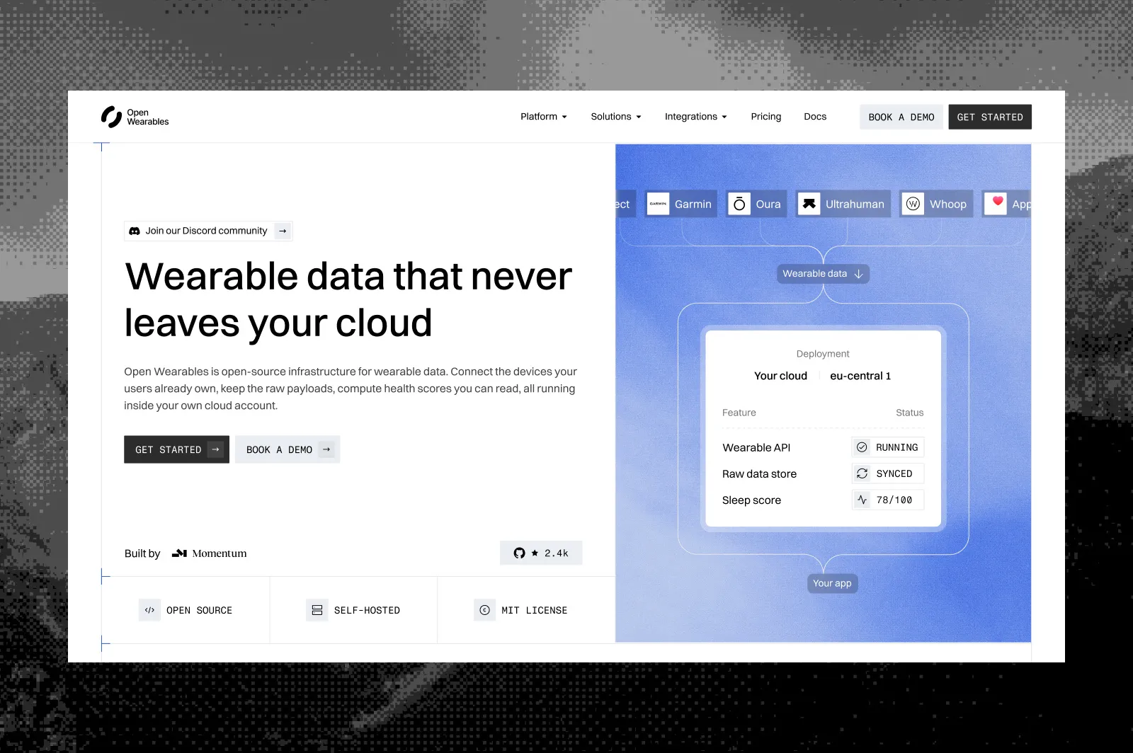 Open Wearables home page: wearable data that never leaves your cloud