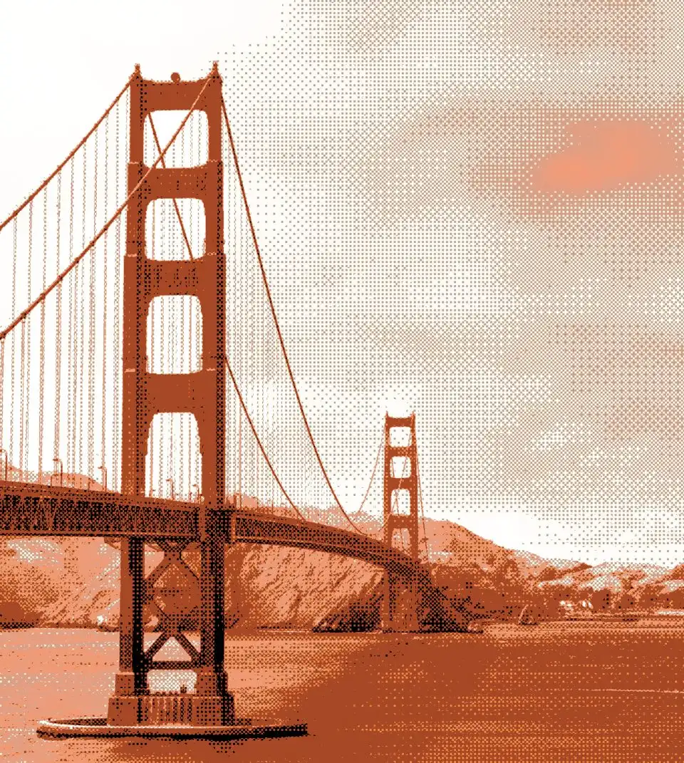 The Golden Gate Bridge, in Peakout orange