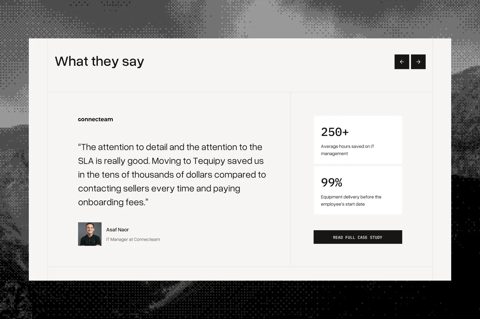 Tequipy: a customer testimonial beside the hours and delivery rates it reports