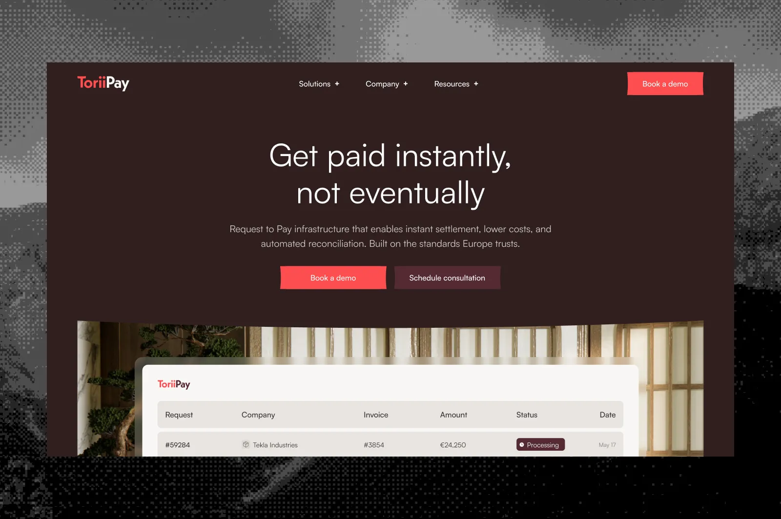 ToriiPay home page: get paid instantly, not eventually